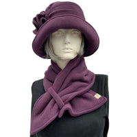 Cloche Hat Women, Eggplant Polar Fleece Hat and Scarf Set, Satin Lined Winter Hat, 1920s Fashion, Handmade in the USA