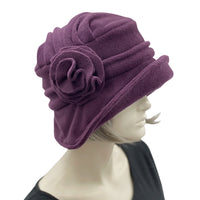 Cloche Hat Women, Eggplant Polar Fleece Hat and Scarf Set, Satin Lined Winter Hat, 1920s Fashion, Handmade in the USA