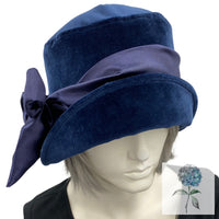Cloche Hat Women, Navy Blue Velvet Hat with Satin Band and Bow, 1930s Hats, Winter Wedding