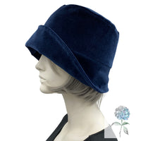 Cloche Hat Women, Navy Blue Velvet Hat, Trimmed with Satin Rosette and Net Brooch, Winter Wedding Hat, Unique Millinery, Handmade in the USA