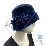 Cloche Hat Women, Navy Blue Velvet Hat, Trimmed with Satin Rosette and Net Brooch, Winter Wedding Hat, Unique Millinery, Handmade in the USA