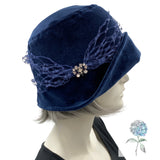 Gatsby Wedding Hat, Navy Blue Velvet Cloche Hat with French Veiling and Rhinestone, Mother of the Bride, Handmade in the USA