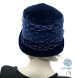 Gatsby Wedding Hat, Navy Blue Velvet Cloche Hat with French Veiling and Rhinestone, Mother of the Bride, Handmade in the USA