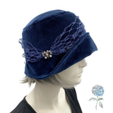 Gatsby Wedding Hat, Navy Blue Velvet Cloche Hat with French Veiling and Rhinestone, Mother of the Bride, Handmade in the USA