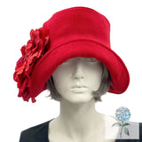 Red Cloche Hat, 1920s Style Hat, Accented with an Oversize Rose Brooch, Handmade in Woolen Fabric and Satin Lined, in the USA