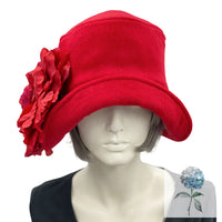 Red Cloche Hat, 1920s Style Hat, Accented with an Oversize Rose Brooch, Handmade in Woolen Fabric and Satin Lined, in the USA