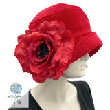 Red Cloche Hat, 1920s Style Hat, Accented with an Oversize Rose Brooch, Handmade in Woolen Fabric and Satin Lined, in the USA