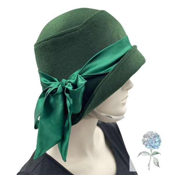 Dark Green Wool Cloche Hat with Satin Band and Bow | The Eleanor Dark Green Wool Cloche Hat with Satin Band and Bow | The Eleanor