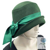 Dark Green Hat, Cloche Hat Women, with Satin Band and Bow, Handmade in Woolen Fabric, Satin Lined, Quality Millinery USA