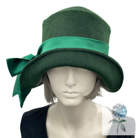 Dark Green Hat, Cloche Hat Women, with Satin Band and Bow, Handmade in Woolen Fabric, Satin Lined, Quality Millinery USA
