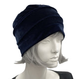 Ladies Beanie Hat, Blue Velvet Hat, Stretchy Slouchy, Chemo Headwear, Satin Lined Hat, Handmade in the USA