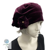 Cute Beret, Eggplant Plum Velvet, Beret Hats for Women, Satin Lined, with Removable Rosette Brooch, Handmade in the USA