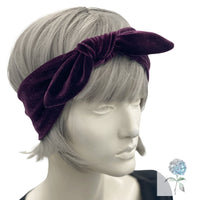Top Knot Headband, Eggplant Plum, Velvet Headband, with Rosette and Beading, Bow Headband, Handmade in the USA