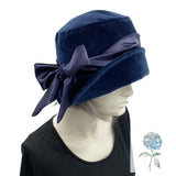 Cloche Hat Women, Navy Blue Velvet Hat with Satin Band and Bow, 1930s Hats, Winter Wedding