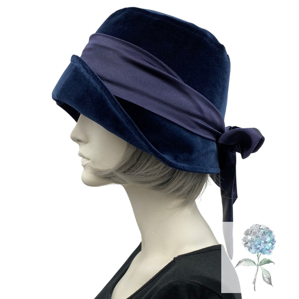 Velvet Cloche Hat, Navy Blue Satin Lined, Winter Hats Women, 1920s Fashion, Chemo Headwear, Handmade in the USA