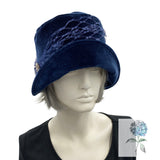 Gatsby Wedding Hat, Navy Blue Velvet Cloche Hat with French Veiling and Rhinestone, Mother of the Bride, Handmade in the USA