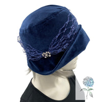 Gatsby Wedding Hat, Navy Blue Velvet Cloche Hat with French Veiling and Rhinestone, Mother of the Bride, Handmade in the USA