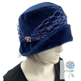 Gatsby Wedding Hat, Navy Blue Velvet Cloche Hat with French Veiling and Rhinestone, Mother of the Bride, Handmade in the USA