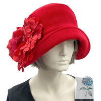 Red Cloche Hat, 1920s Style Hat, Accented with an Oversize Rose Brooch, Handmade in Woolen Fabric and Satin Lined, in the USA