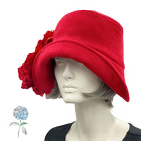 Red Cloche Hat, 1920s Style Hat, Accented with an Oversize Rose Brooch, Handmade in Woolen Fabric and Satin Lined, in the USA