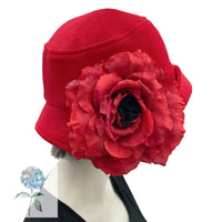 Red Cloche Hat, 1920s Style Hat, Accented with an Oversize Rose Brooch, Handmade in Woolen Fabric and Satin Lined, in the USA