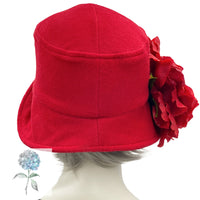 Red Cloche Hat, 1920s Style Hat, Accented with an Oversize Rose Brooch, Handmade in Woolen Fabric and Satin Lined, in the USA