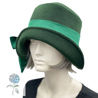 Dark Green Hat, Cloche Hat Women, with Satin Band and Bow, Handmade in Woolen Fabric, Satin Lined, Quality Millinery USA