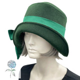 Dark Green Hat, Cloche Hat Women, with Satin Band and Bow, Handmade in Woolen Fabric, Satin Lined, Quality Millinery USA