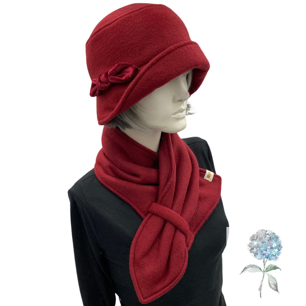 Cloche Hat and Neck Warmer Women in Burgundy Fleece, Hat and Scarf Set, 1920s Fashion, Handmade in the USA