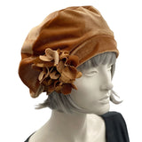 Velvet Beret with Hydrangea Flower Brooch, Butterscotch Toffee or Choose Your Color, Handmade Fall and Winter Hats, Chemo Headwear