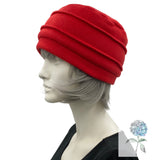 Cloche Hat Women, in Red Fleece with Large Flower Brooch, Satin Lined Winter Hat, 1920s Vintage Style, Handmade in the USA