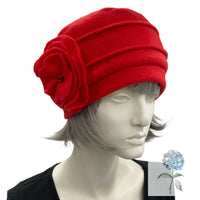 Cloche Hat Women, in Red Fleece with Large Flower Brooch, Satin Lined Winter Hat, 1920s Vintage Style, Handmade in the USA