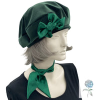 Beret Hats for Women, Green Velvet Beret, with Bow and Matching Neck Scarf Tie, Satin Lined Winter Hat, Handmade in USA