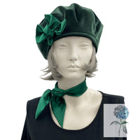 Beret Hats for Women, Green Velvet Beret, with Bow and Matching Neck Scarf Tie, Satin Lined Winter Hat, Handmade in USA