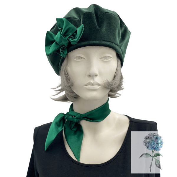 Beret Hats for Women, Green Velvet Beret, with Bow and Matching Neck Scarf Tie, Satin Lined Winter Hat, Handmade in USA