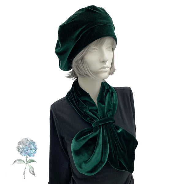 Velvet Beret, Green Hat Women, Satin Lined Hat, with Emerald Green Scarf, or Choose Your Color, Handmade in the USA