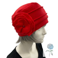 Cloche Hat Women, in Red Fleece with Large Flower Brooch, Satin Lined Winter Hat, 1920s Vintage Style, Handmade in the USA