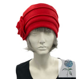 Cloche Hat Women, in Red Fleece with Large Flower Brooch, Satin Lined Winter Hat, 1920s Vintage Style, Handmade in the USA