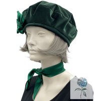 Beret Hats for Women, Green Velvet Beret, with Bow and Matching Neck Scarf Tie, Satin Lined Winter Hat, Handmade in USA