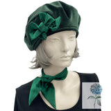 Beret Hats for Women, Green Velvet Beret, with Bow and Matching Neck Scarf Tie, Satin Lined Winter Hat, Handmade in USA