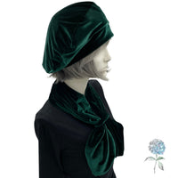 Velvet Beret, Green Hat Women, Satin Lined Hat, with Emerald Green Scarf, or Choose Your Color, Handmade in the USA