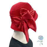 Cloche Hat Women, Red Wool or Choose Your Color, Winter Hats Women, Satin Band and Bow, Vintage Style 1920s, Handmade in the USA