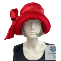 Cloche Hat Women, Red Wool or Choose Your Color, Winter Hats Women, Satin Band and Bow, Vintage Style 1920s, Handmade in the USA