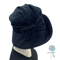 Black Wide Brim Hat, Velvet Cloche Hat, with Bow Brooch, Choose Your Color, Winter Hats Women, Handmade in the USA