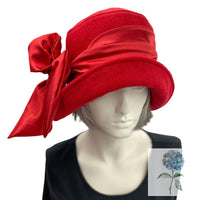 Cloche Hat Women, Red Wool or Choose Your Color, Winter Hats Women, Satin Band and Bow, Vintage Style 1920s, Handmade in the USA