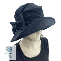 Black Wide Brim Hat, Velvet Cloche Hat, with Bow Brooch, Choose Your Color, Winter Hats Women, Handmade in the USA