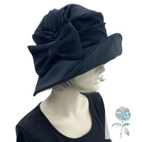 Black Wide Brim Hat, Velvet Cloche Hat, with Bow Brooch, Choose Your Color, Winter Hats Women, Handmade in the USA