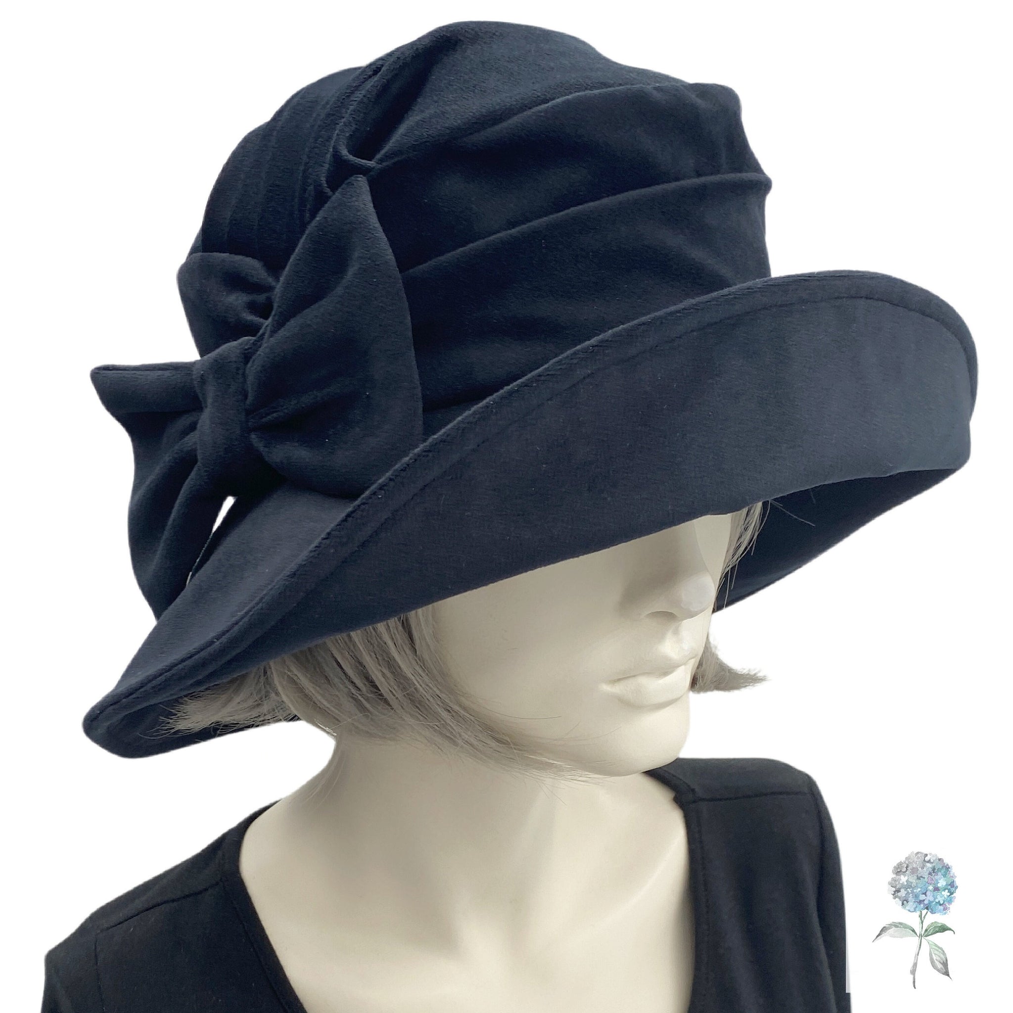 Black Wide Brim Velvet Cloche Hat with Bow – Boston Millinery display picture 3