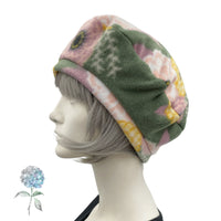 Slouchy Beret, Satin Lined Winter Hat, Floral Green or Dusky Pink Fleece Hat, Beret Hats For Women, Handmade in the USA