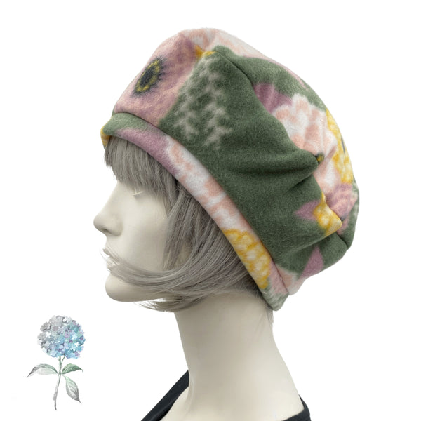 Womens Beret Hat in Floral Green Satin Lined Winter Hat Boston Millinery